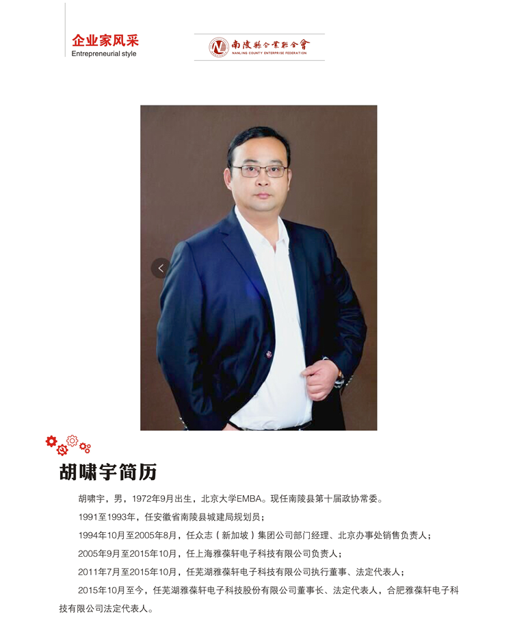 芜湖雅葆轩电子科技股份有限公司董事长 胡啸宇